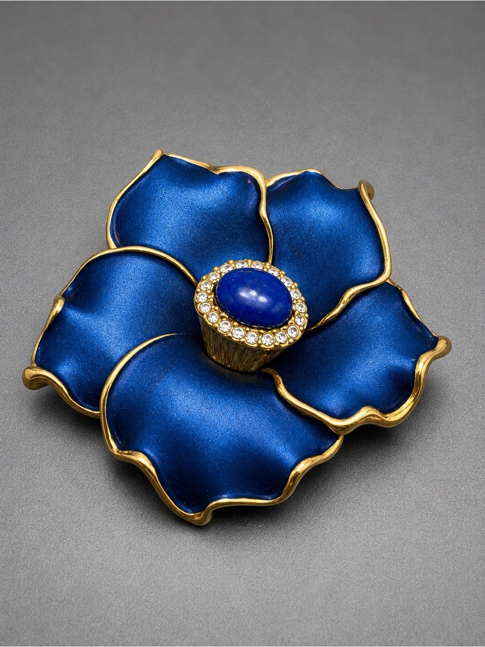 Vintage Blue Enamel Flower Brooch with Gold #cz200